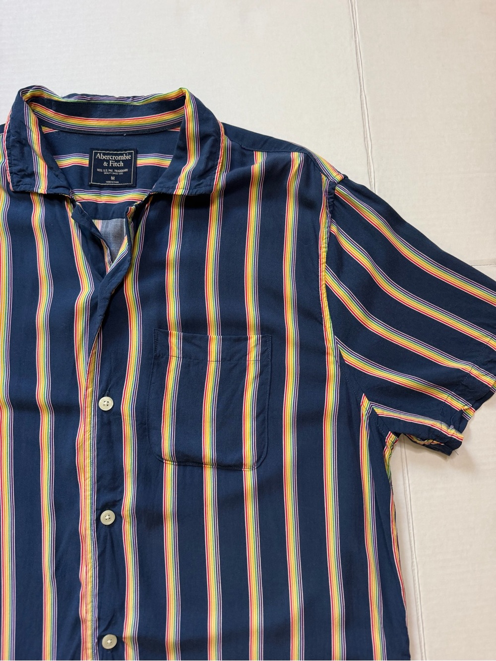 Abercrombie & Fitch Blue Rainbow Striped Mens Button Up Short Sleeve Viscose